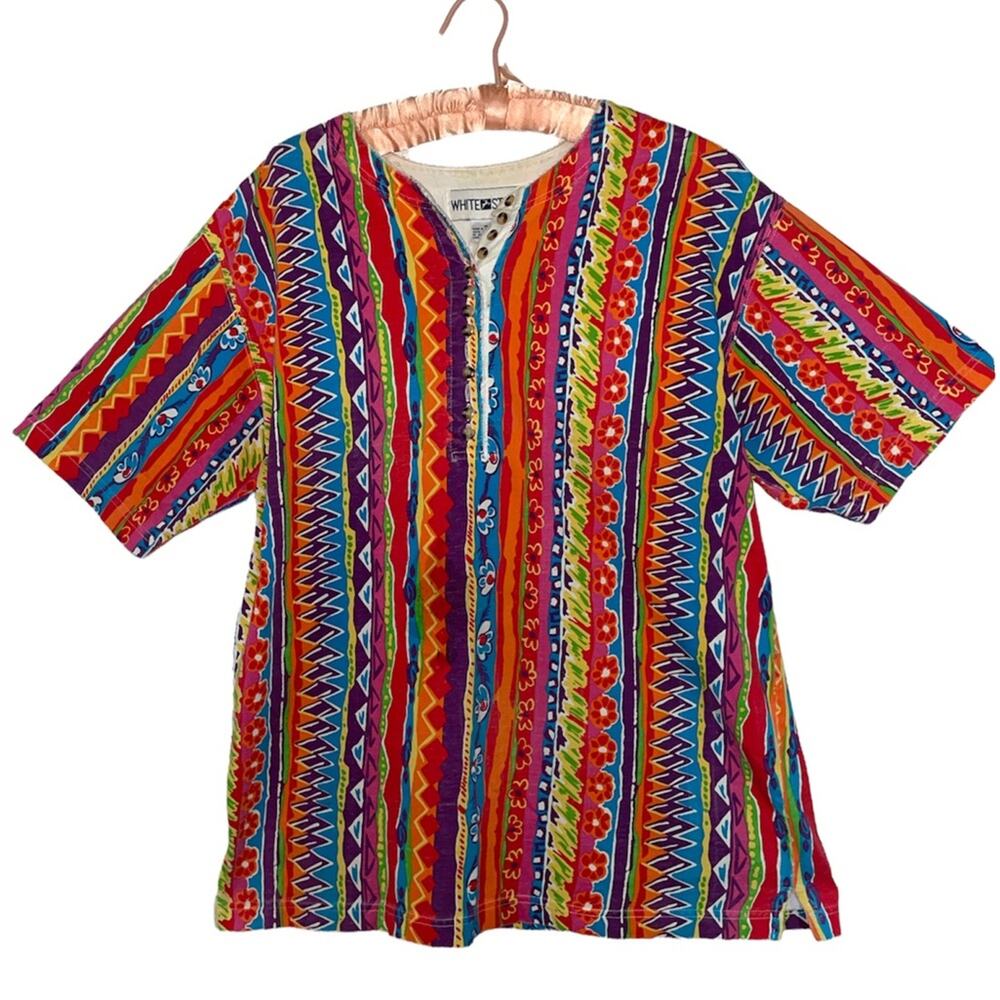 White Stag 90s Rainbow Striped Short Sleeve 1/2 Button Front Top Medium